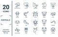 animals linear icon set. includes thin line elephant on a ball, antelope, puppy, fish and a knife, lion head, big bug, blindworm