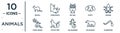animals linear icon set. includes thin line weasel, big owl, kraken, fox sitting, polar bear, blindworm, coral snake icons for Royalty Free Stock Photo