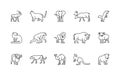 Animals linear vector icons. Isolated outline of animals gazelle, cat, elephant, deer and more on a white background. Vector