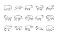 Animals linear vector icons. Isolated outline of animals hippopotamus, fox, cow and more on a white background. Vector animals