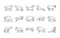 Animals linear vector icons. Isolated outline of animals horse, cat, dog and more on a white background. Vector animals symbol set