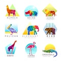 Animals logo. Zoo low poly triangular geometric symbols fo different animals origami colored business identity vector