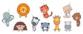 Animals looking out, funny animal peeking out window and wall. Cartoon lion, cat, hedgehog, adorable elephant and tiger