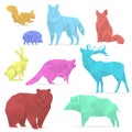 Animals low poly. Origami paper animals. wolf bear deer wild boar fox raccoon rabbit hedgehog. Royalty Free Stock Photo