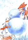 Animals are making a snowman. Watercolor illustration, children's poster.