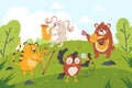Animals musicians in forest. Funny cartoon characters play orchestra in green clearing, kids entertainment, wildlife