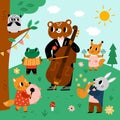 Animals musicians in forest. Orchestra in summer glade. Children concert. Cartoon characters play music. Quintet with Royalty Free Stock Photo