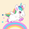 Animals And Mythical Creatures. Cute Little Magic Unicorn, Walking On The Rainbow Vector Illustration.