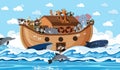 Animals on Noah`s ark floating in the ocean scene