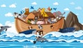 Animals on Noah`s ark floating in the ocean scene