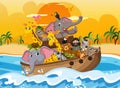 Animals on Noah`s ark floating in the ocean scene