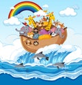 Animals on Noah`s ark floating in the ocean scene Royalty Free Stock Photo