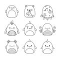 Animals of North Pole. Coloring page. Squishmallow. Whale, polar bear, narwhal, penguin. Vector