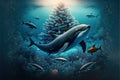 Animals of the ocean celebrating christmas around christmas tree with many gift