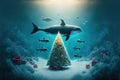 Animals of the ocean celebrating christmas around christmas tree with many gift