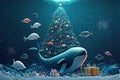 Animals of the ocean celebrating christmas around christmas tree with many gift