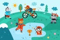 Animals outdoor sport. Athletes are engaged physical exercises in park. Ice skating bear and running horse. Owl playing