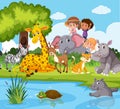 Animals and people near pond