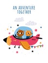 Animals pilots card. Airplane with cute passengers and aviator. Cartoon fox and bear characters fly on plane together