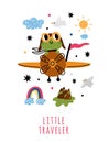 Animals pilots card. Frog character flying on plane. Airplane with cute aviator. Cartoon amphibian. Froglets adventure