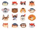 Animals in pirate hats as penguin and cat, lion and tiger, sloth and giraffe, raccoon and deer. Cute, funny characters. Royalty Free Stock Photo