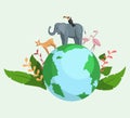 Animals on planet, animal shelter, wildlife sanctuary. World environment day on earth planet