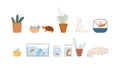 Animals and plants in pots. Home cozy elements, cats, fish in aquarium and hamster in cage. Cute kitten sleep, house