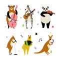 Animals playing musical instruments set. Bear, zebra, panda, kangaroo, alpaca playing music and singing cartoon vector