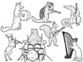 Animals playing musical instruments set, musician animals cartoon characters. Sketch scratch board imitation.