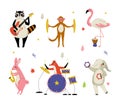 Animals playing musical instruments set. Raccoon, flamingo, monkey, rabbit, fox, elephant playing music cartoon vector