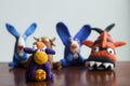 Animals rabbits, cows and fish from multi-colored plasticine, which hardens. Children`s creativity. Funny clay toys