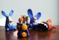Animals rabbits, cows and fish from multi-colored plasticine, which hardens. Children`s creativity. Funny clay toys