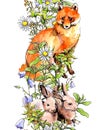 Animals - rabbits, fox in meadow grass and summer flowers. Seamless border stripe. Watercolor in sketch style