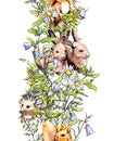 Animals - rabbits, squirrel, hedgehog in grass, blossom flowers. Seamless border banner. Watercolor in sketch style