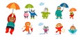 Animals and rain. Funny forest animal with umbrella, wear raincoat and rainboots. Isolated children mascots, spring or