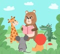 Animals reading book, cute wildlife book lovers. Cute bear reads to baby animals vector background illustration. Cartoon Royalty Free Stock Photo