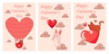 Animals with red hearts. Valentines Day. Kittens flying in hot air balloon. Romantic holiday. Kitty and bunny love. Cat