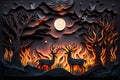 Animals running or escaping from the burning forest, concept of Fear and Panic, created with Generative AI technology