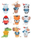 Animals sailors characters in cartoon style. Set of cute funny little sailors vector illustration.