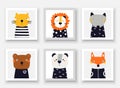 Animals set including wolf, bear, fox, panda, cat, lion. Cute hand drawn doodle cards, postcard, posters with animals Royalty Free Stock Photo