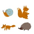 animals set of squirrel, hedgehog, fox, snail. Royalty Free Stock Photo