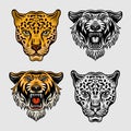Animals set of vector objects in two styles colored and black and white. Jaguar head and tiger head cartoon characters Royalty Free Stock Photo