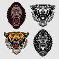 Animals set of vector objects in two styles colored and black and white. Tiger head and gorilla cartoon characters
