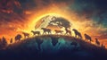 Animals silhouette walk on Earth globe sunset Royalty Free Stock Photo