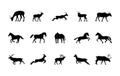 Animals silhouettes vector icons set. Isolated outline of animals gazelle, horse, deer on a white background. Vector animals Royalty Free Stock Photo