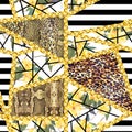 Animals skin texture with yellow flowers and gold chains on black stripes background. Seamless fashion pattern. - illustration