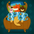 Animals sleeping in bed fairytale pets asleep set vector.