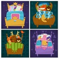 Animals sleeping in bed fairytale pets asleep set