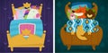 Animals sleeping in bed fairytale pets asleep set vector.