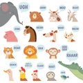 Animals sounds. Cute animal making sounds cat and dog, sheep and cow, pig and hen, horse and lion, bear and monkey cartoon vector